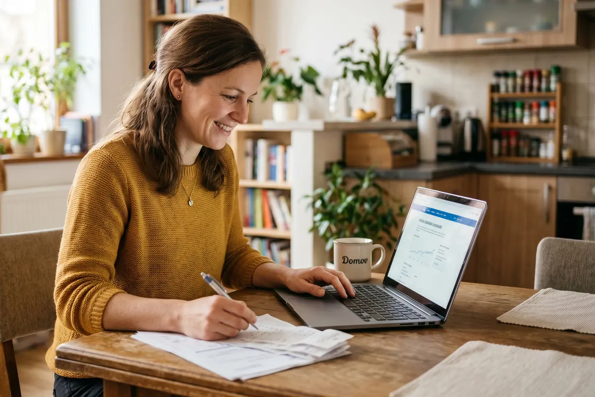 Žena u kuchyňského stolu kontroluje účty za mobil, internet a TV s notebookem
